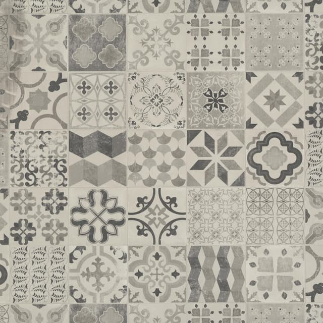 Vinil Evolution Almeria 2 sa modernim dezenom pločica i dekorativnim ornamentima u sivim nijansama za enterijere