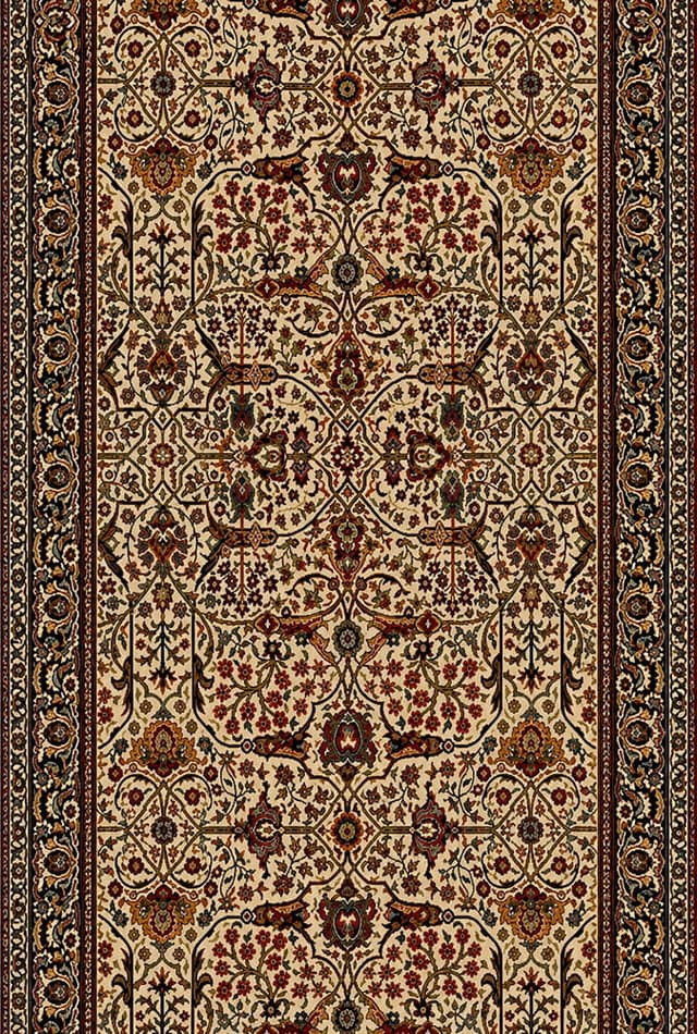 Vunena staza Derviš od 100% runske vune sa bogatim ornamentima i dekorativnom bordurom u tradicionalnom stilu