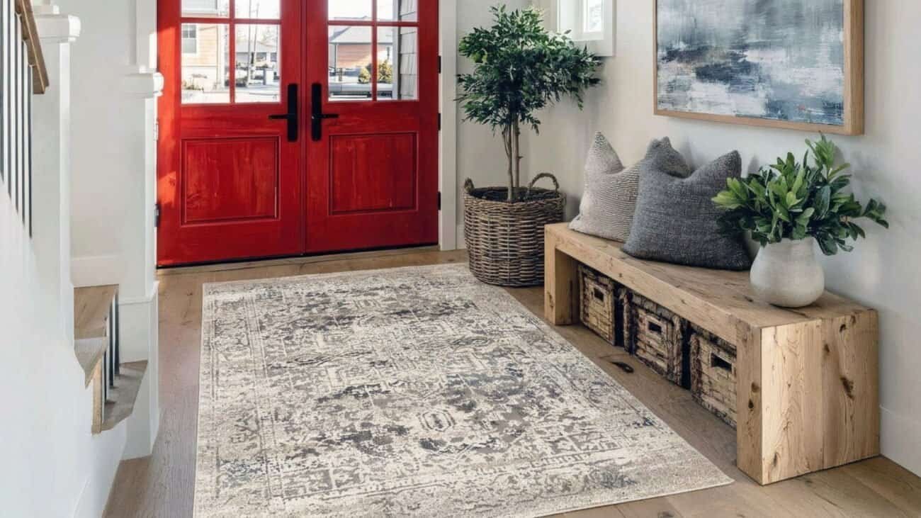 Tepih Boho 37VGW u predsoblju sa elegantnim bež-sivim dezenom