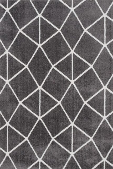 Sintelon tepih Creative 49 GWG u tamnosivoj boji sa bijelim geometrijskim linijama, izrađen od ultra soft touch mikrofibera, debljine 11 mm.