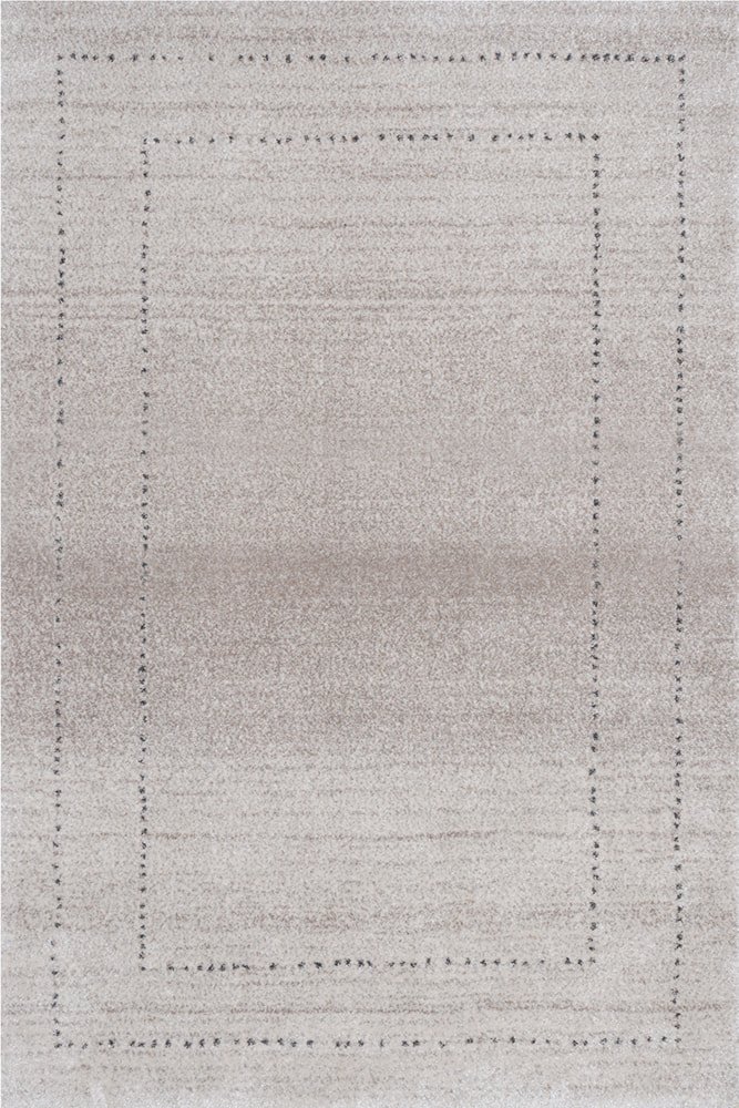 Sintelon tepih Toscana 15WOW Sintelon tepih Toscana 15 WOW – bijela površina sa sivim nijansama i tačkastim bordurama tamnije sive boje.