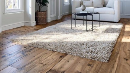 Tepih Pleasure 01EWE u dnevnom boravku, bež čupavi model sa bijelim nitima