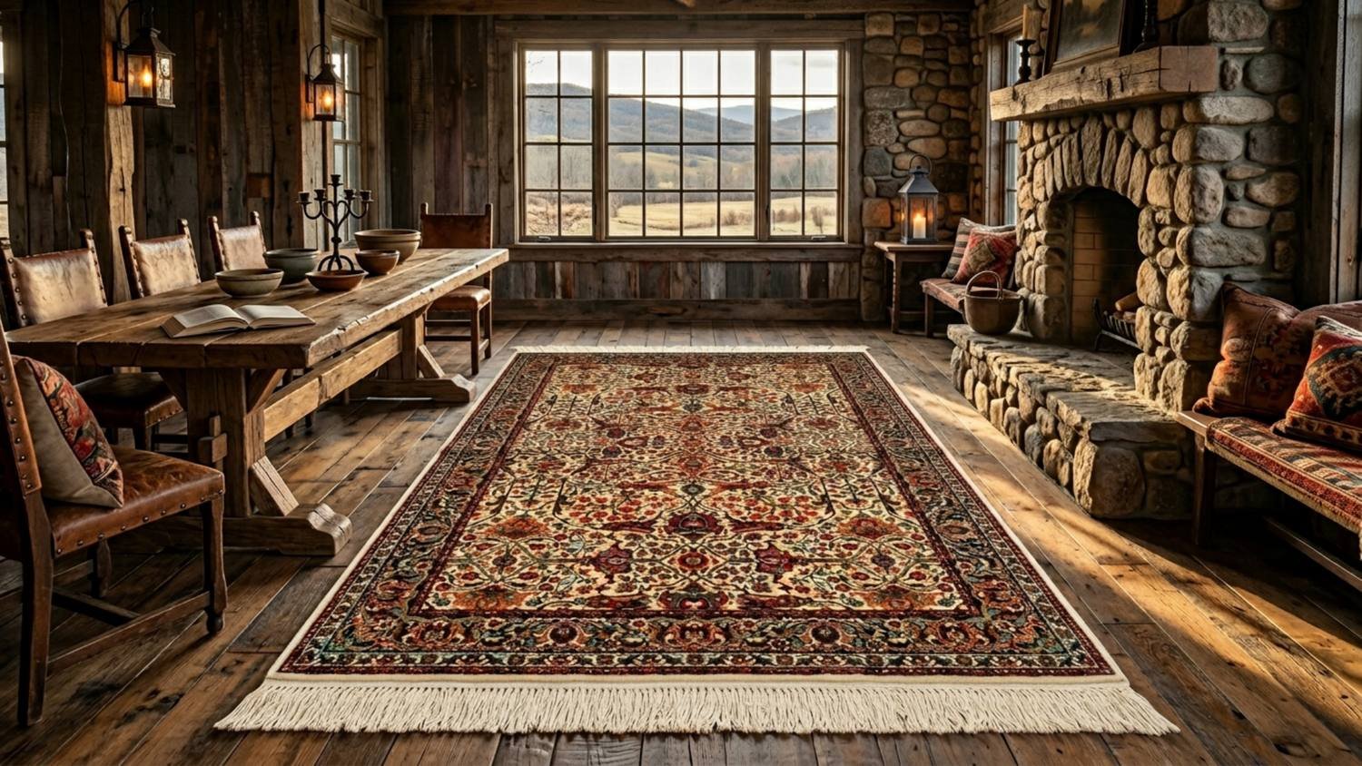 Vuneni tepih Super Tebris 2 u rustičnom enterijeru klasični dezen sa ornamentima
